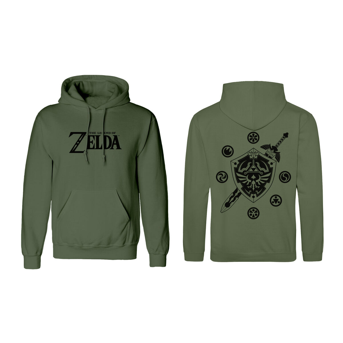 5056688525590_D0800347_P12 Hanorac cu Glugă Unisex The Legend of Zelda Logo and Shield Verde - Imagine 1